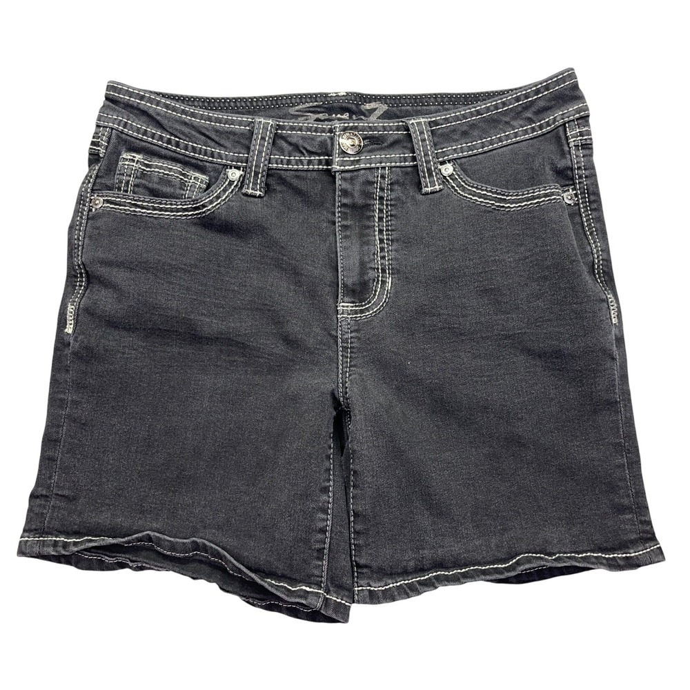 Seven 7 Rodeo Denim Shorts Black White Stitching Casual Everyday Sz 6 Fits 30"